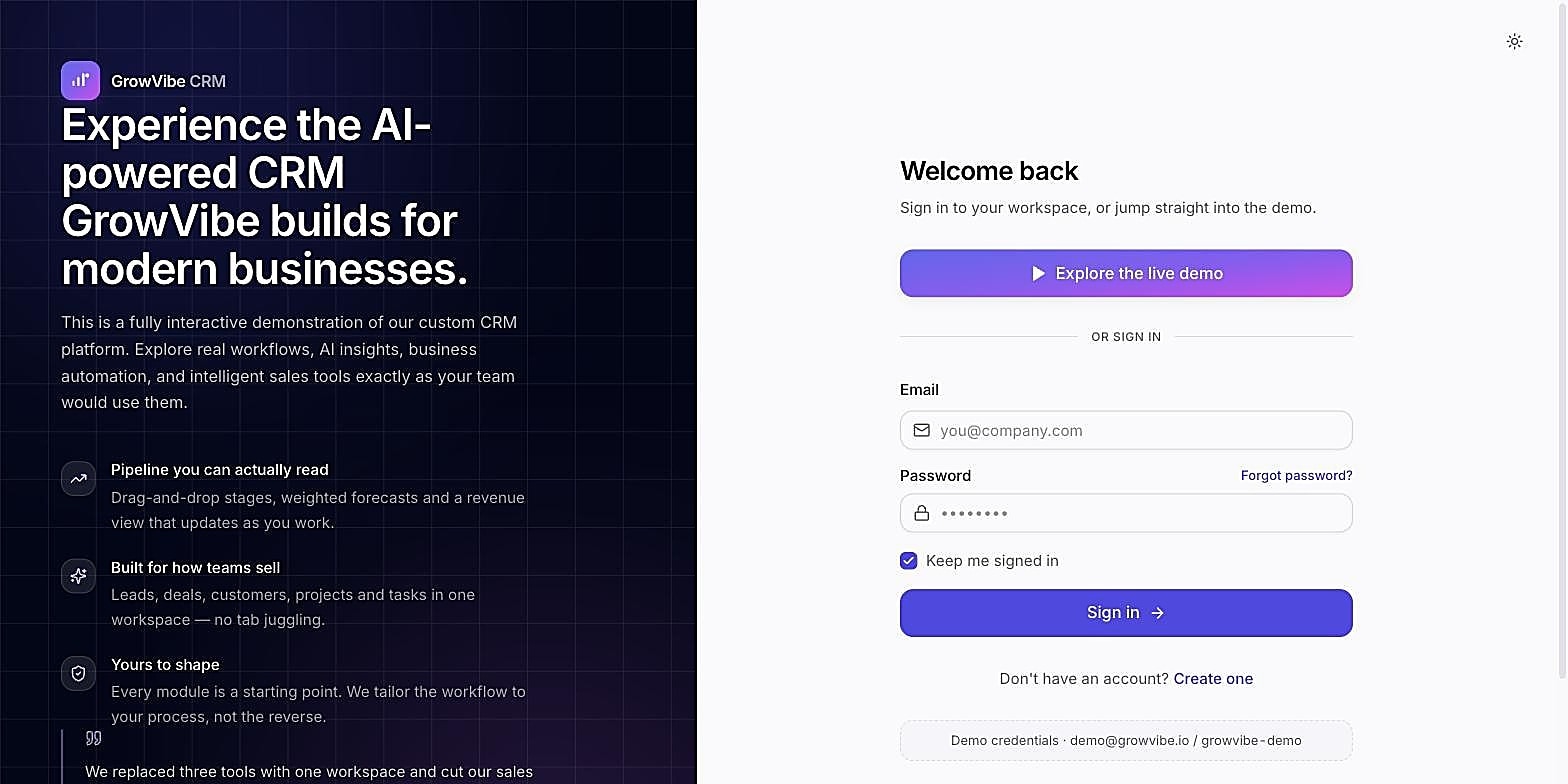 GrowVibe CRM secure sign-in screen